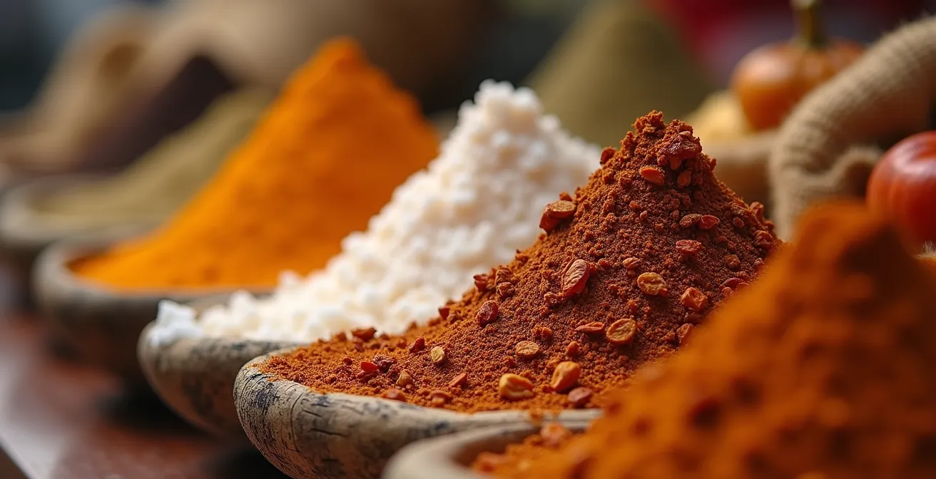 Nahaufnahme von frischen Gewürzen und unverarbeiteten Produkten auf einem traditionellen Markt