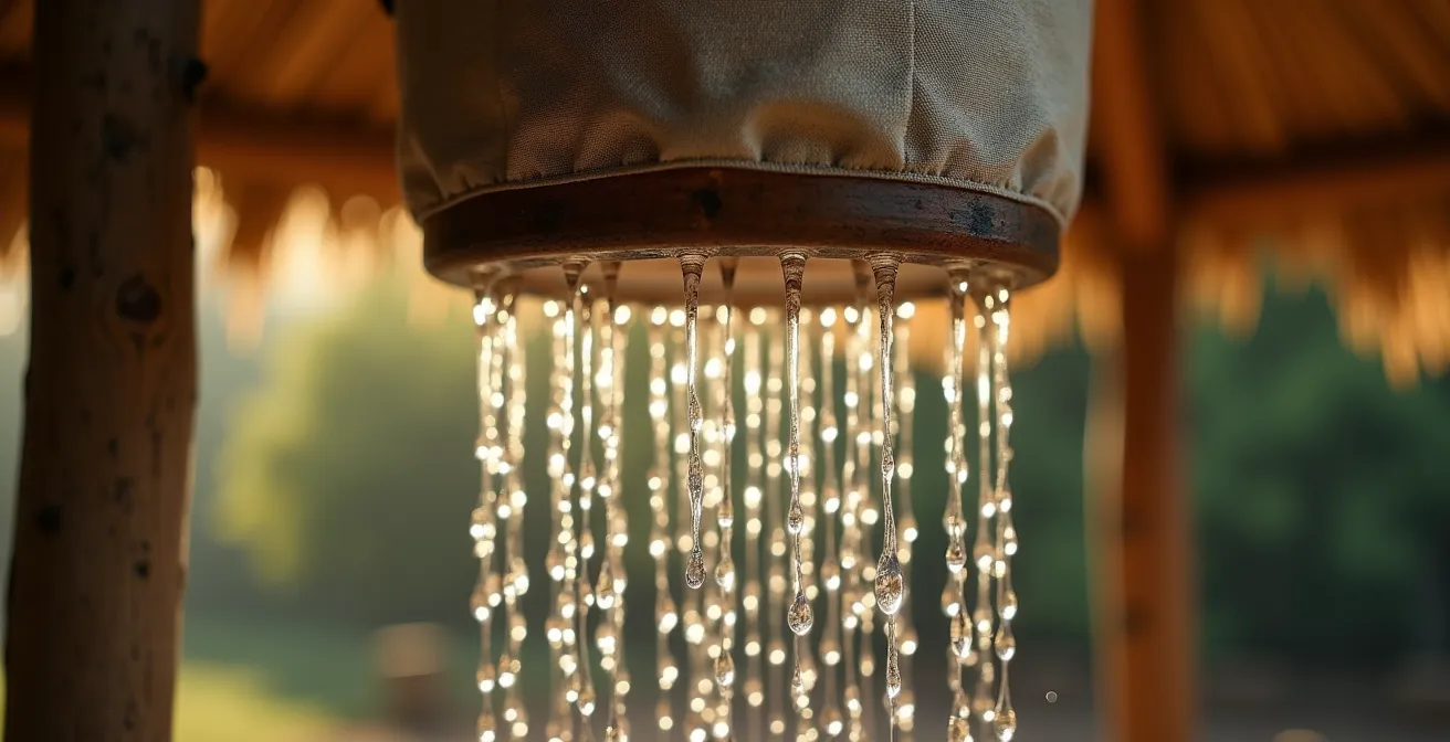 Traditionelle Bucket-Shower-Einrichtung in nachhaltigem Safari-Camp