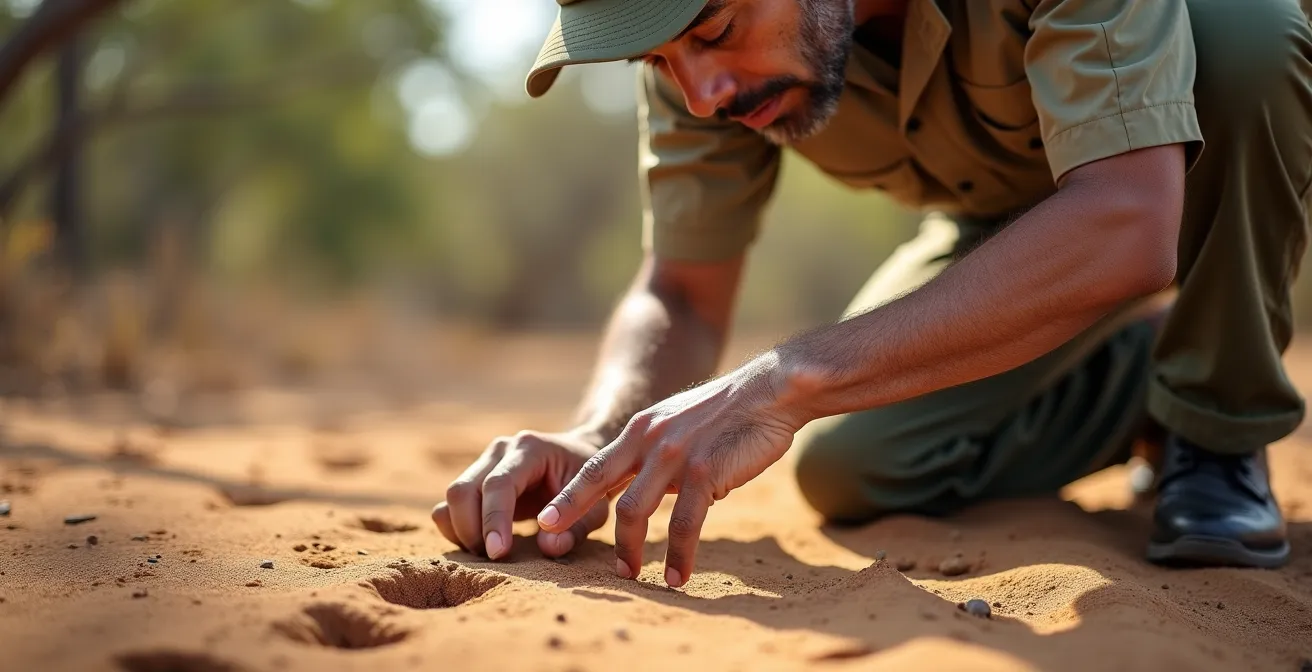 Erfahrener lokaler Ranger bei der Spurensuche im afrikanischen Busch