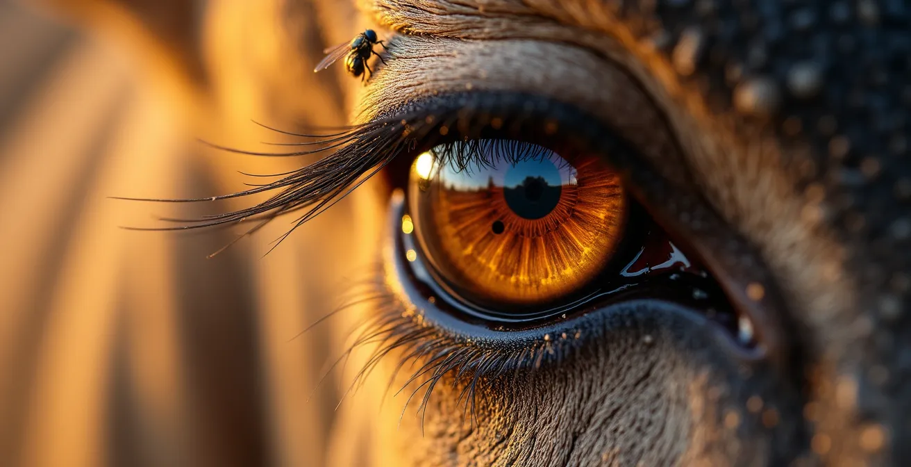 Extreme Nahaufnahme eines Gnu-Auges mit Spiegelung der Savanne