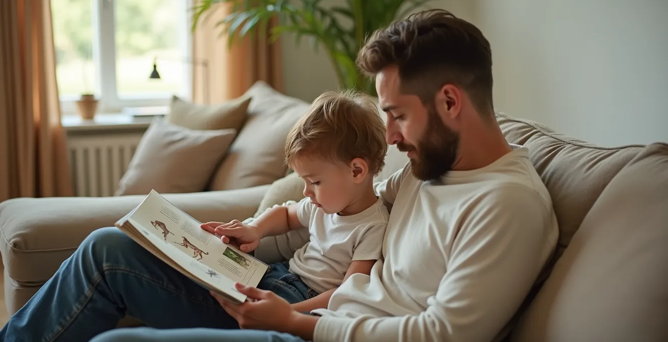 Präventives Gespräch zwischen Eltern und Kind vor der Safari, bei dem sie gemeinsam ein Naturbuch betrachten.