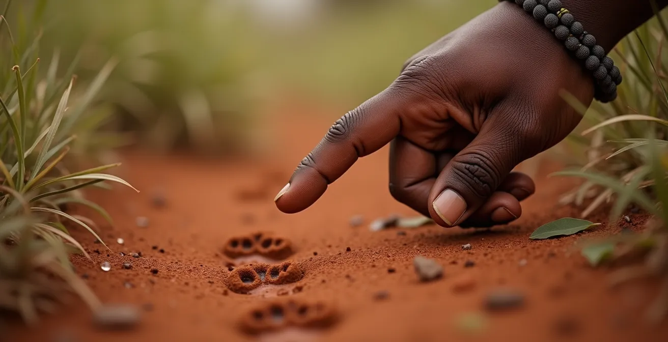 Safari-Guide zeigt Tierspuren im Sand während Ausbildung