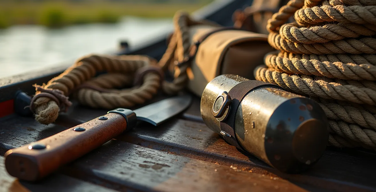 Detailaufnahme von Expeditionsausrüstung auf einem Safariboot bei Morgenlicht