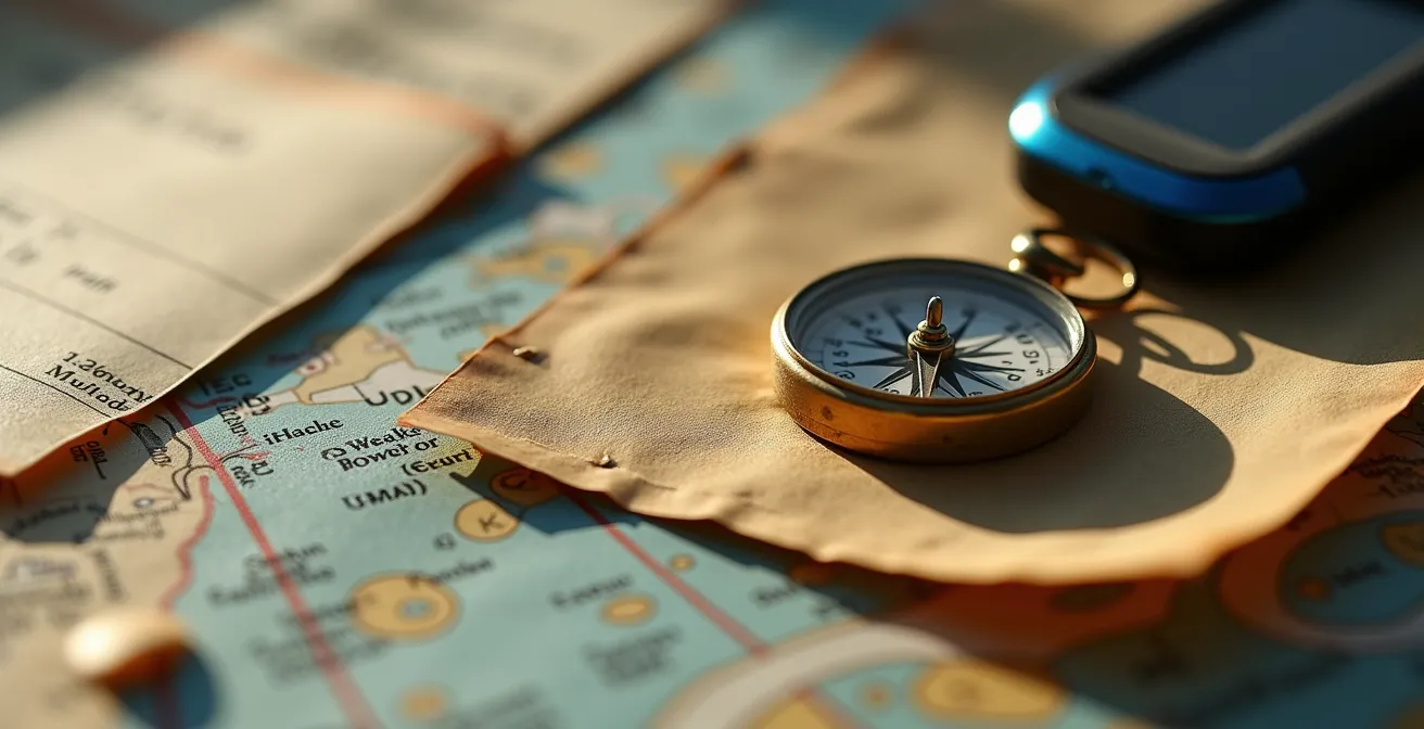 Detailaufnahme von laminierten Planungskarten mit Kompass und GPS-Gerät auf Expeditionstisch