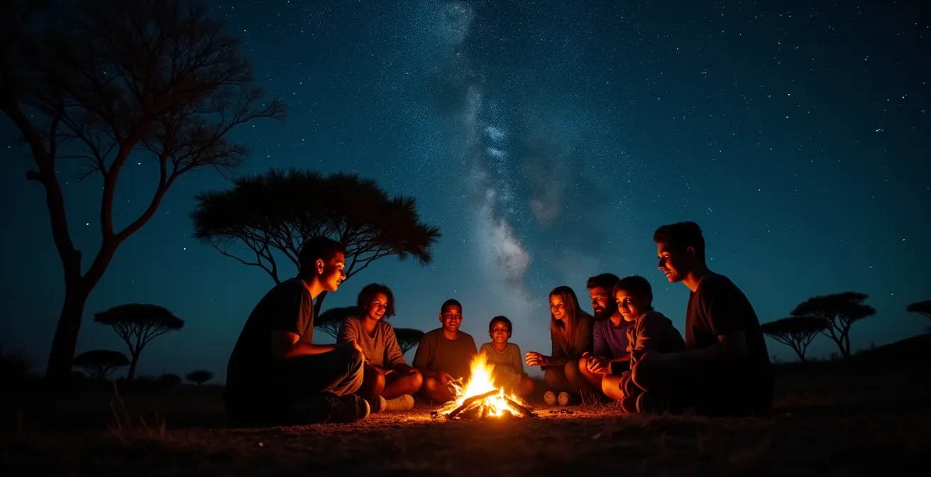 Familie sitzt gemeinsam am Lagerfeuer unter afrikanischem Sternenhimmel