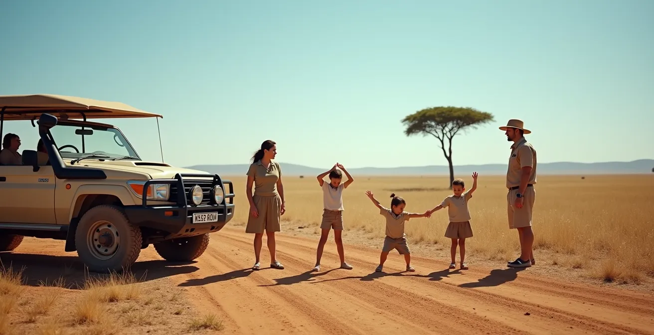 Familie macht sichere Pause während Safari, Kinder strecken sich neben Jeep in weiter Savannenlandschaft