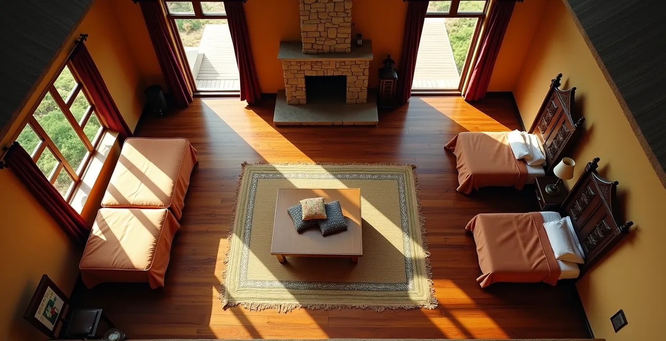 Grundriss eines Safari Family-Cottages mit zentralem Wohnbereich