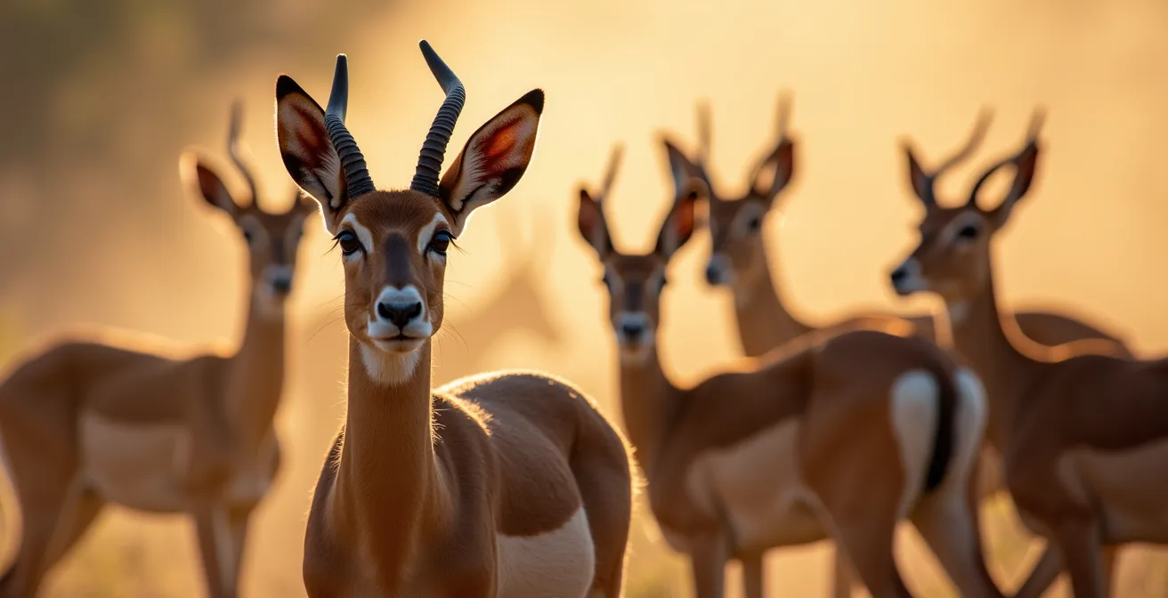 Impala-Herde zeigt natürliches Alarmverhalten beim Nähern eines Safari-Fahrzeugs