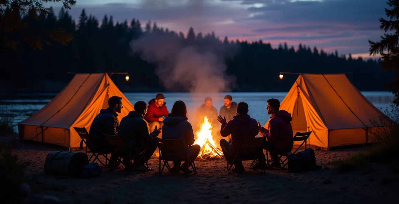 Abendstimmung in einem Wildnis-Camp am Flussufer mit warmen Lagerfeuerschein