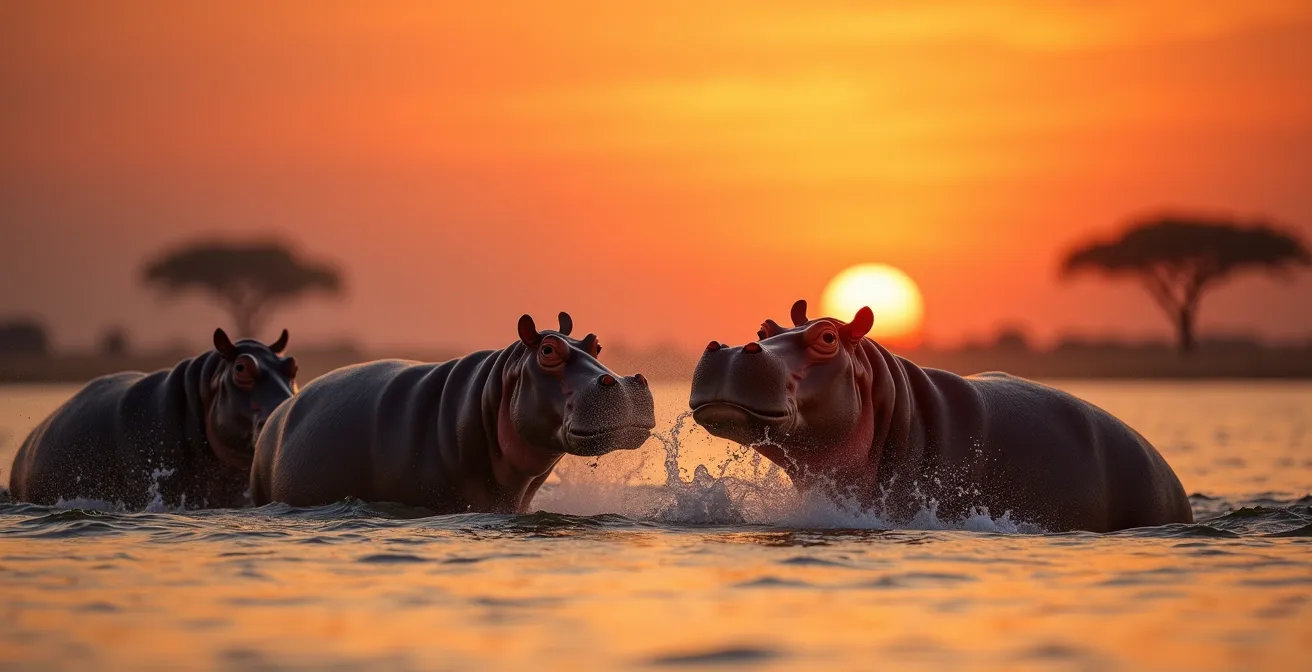 Flusspferdgruppe verlässt bei Sonnenuntergang das Wasser zum Grasen