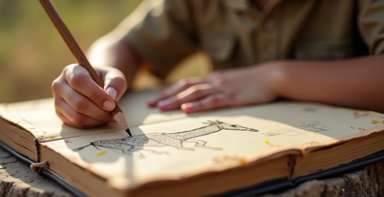 Kind zeichnet konzentriert Tierbeobachtungen in ein Forscher-Tagebuch während einer Safari-Pause