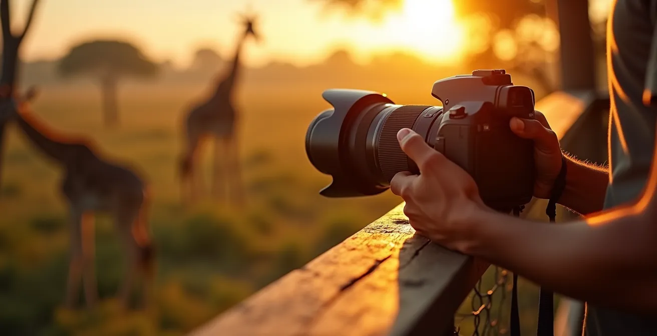 Fotograf in Baumhaus fotografiert Wildtiere auf Augenhöhe bei Sonnenaufgang