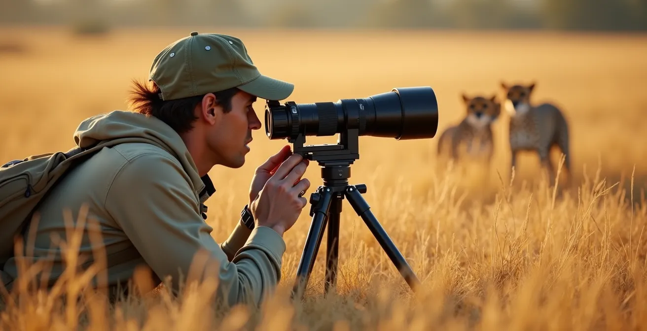 Wildtierfotograf mit Teleobjektiv beobachtet Geparden in afrikanischer Graslandschaft