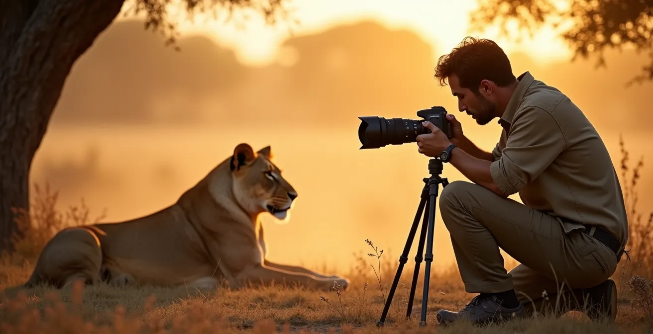 Safari-Fotograf mit Teleobjektiv hält großen Abstand zu ruhenden Löwen