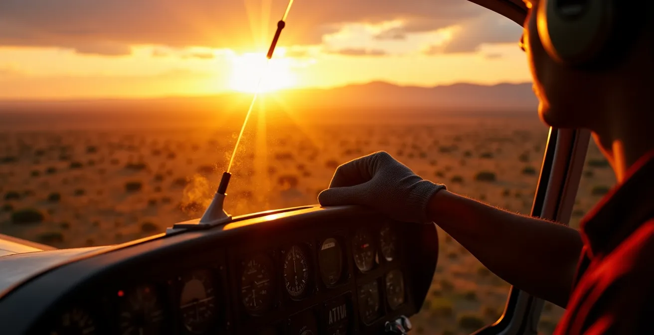 Kleinflugzeug-Schatten auf goldener Savanne während des Sonnenuntergangs mit Tierherden