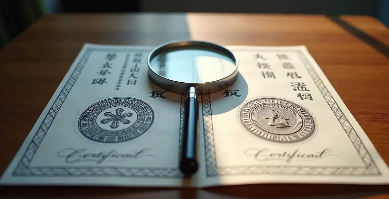 Vergleich zwischen echtem Zertifikat mit Prüfsiegel und Marketing-Logo