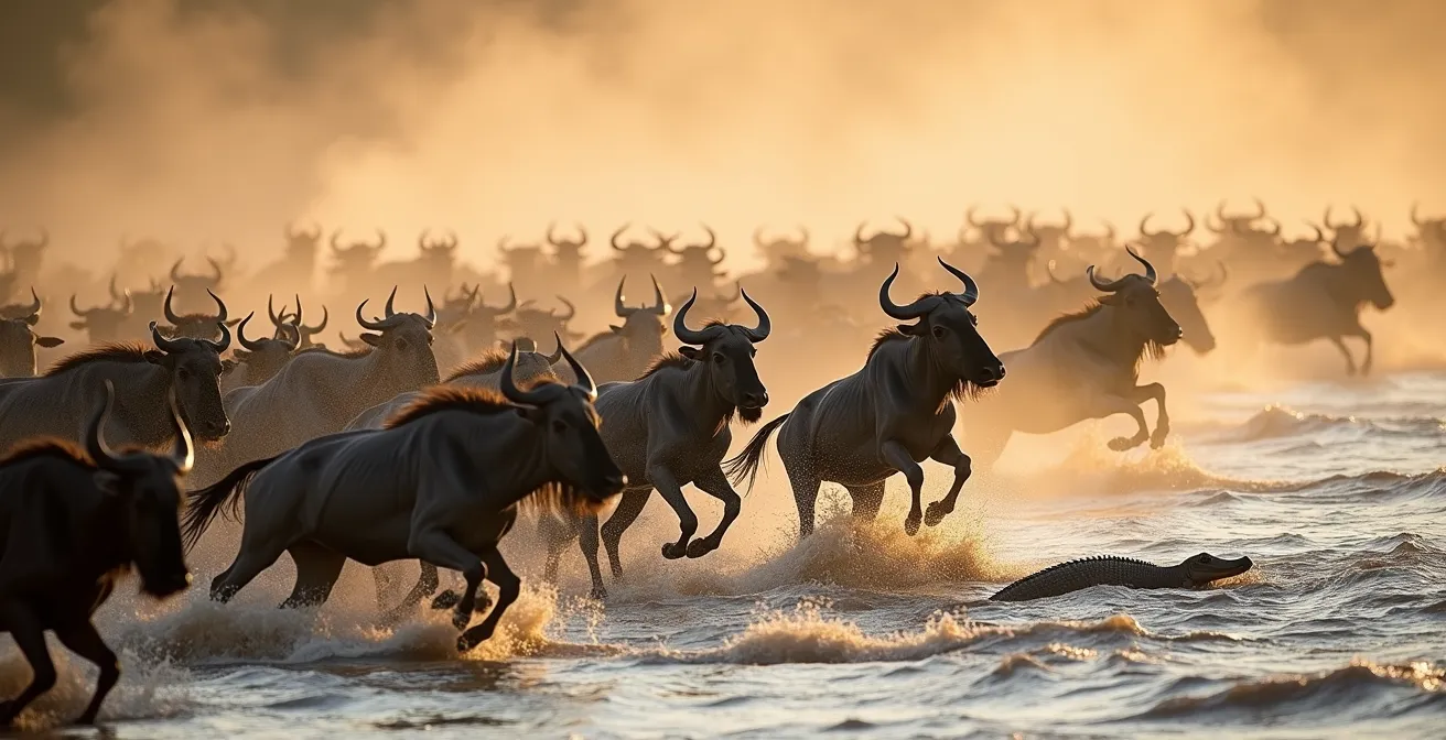 Tausende Gnus überqueren den Mara-Fluss während der großen Migration