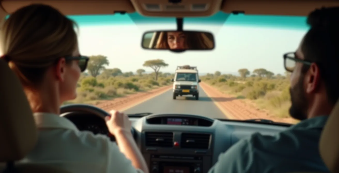 Zwei Safari-Fahrzeuge mit sicherem Abstand auf staubiger Piste, gesehen durch den Rückspiegel des vorderen Wagens