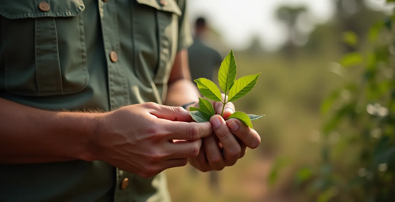 Safari-Guide erklärt einer kleinen Gruppe die Eigenschaften einer afrikanischen Pflanze