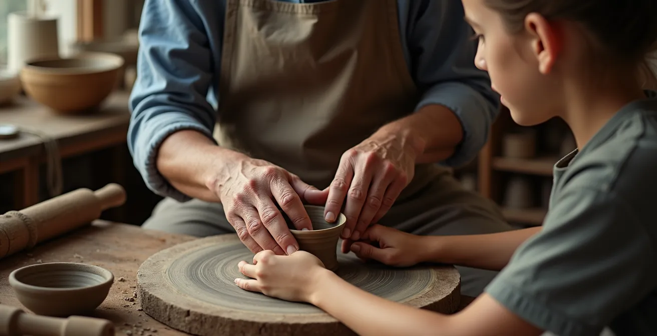Nahaufnahme von Händen bei traditioneller Handwerksarbeit in einem Workshop