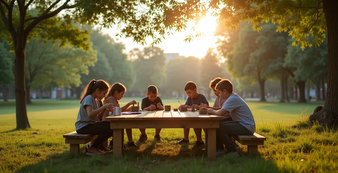 Eine diverse Gruppe von Kindern arbeitet gemeinsam an einem Insektenhotel-Projekt