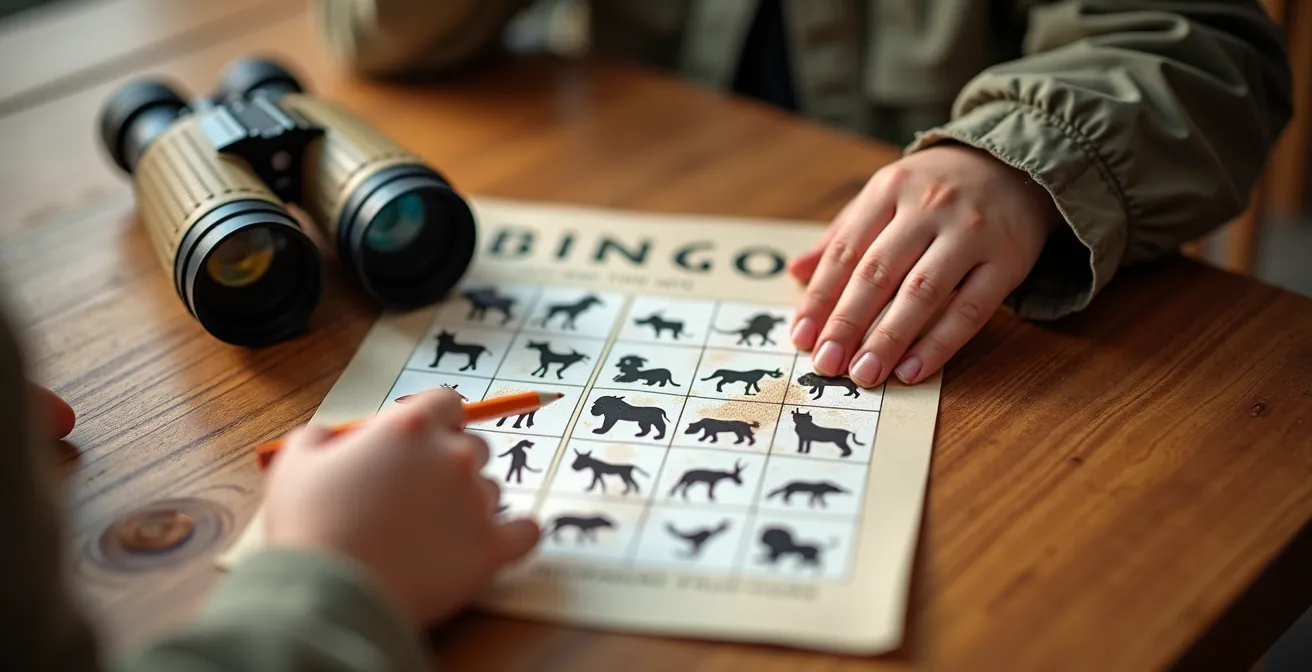Nahaufnahme von Kinderhänden mit Safari-Bingo-Karte und Stift, markiert Tiersichtungen