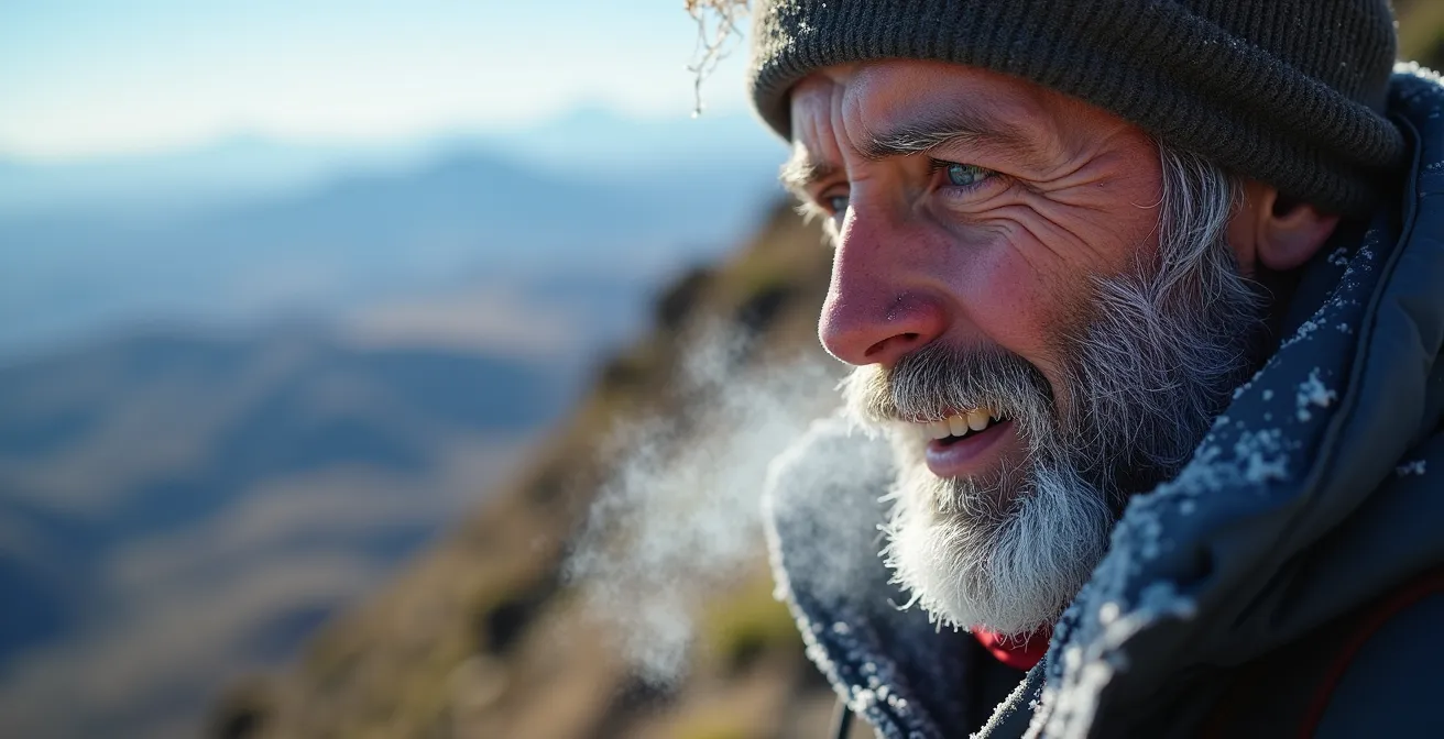 Nahaufnahme eines Bergsteigers am Kilimandscharo-Gipfel mit weiter Savanne im Hintergrund