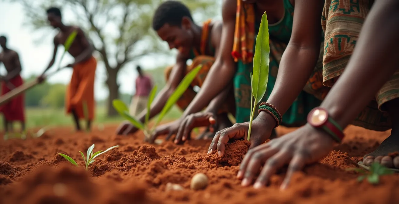 Lokale Gemeinde pflanzt einheimische Bäume in afrikanischem Savannenökosystem