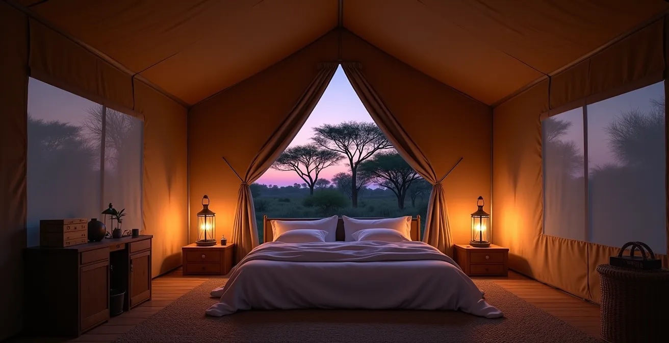 Gemütlicher Innenraum eines Premier Mobile Camp Zeltes mit Kingsize-Bett und Laternenbeleuchtung