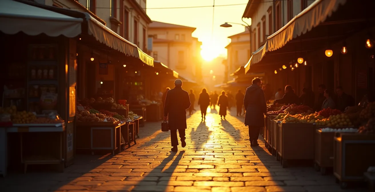 Weite Aufnahme eines Marktes in der Abenddämmerung mit warmem Licht und entspannter Atmosphäre