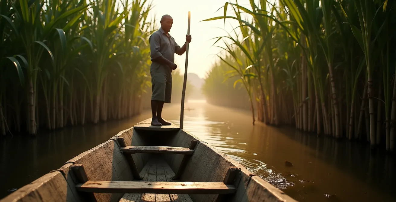 Traditionelles Mokoro-Kanu gleitet durch schmale Wasserwege zwischen Papyrus