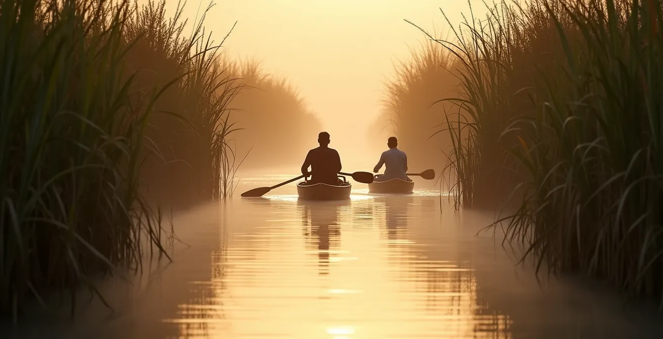 Traditionelle Mokoro-Boote gleiten durch die Wasserkanäle des Okavango Deltas