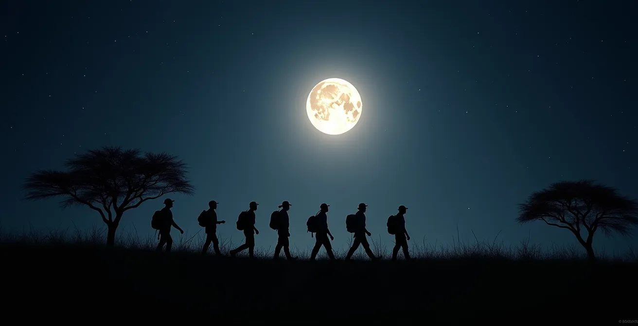 Anti-Wilderei-Patrouille während Vollmondnacht in afrikanischer Savanne