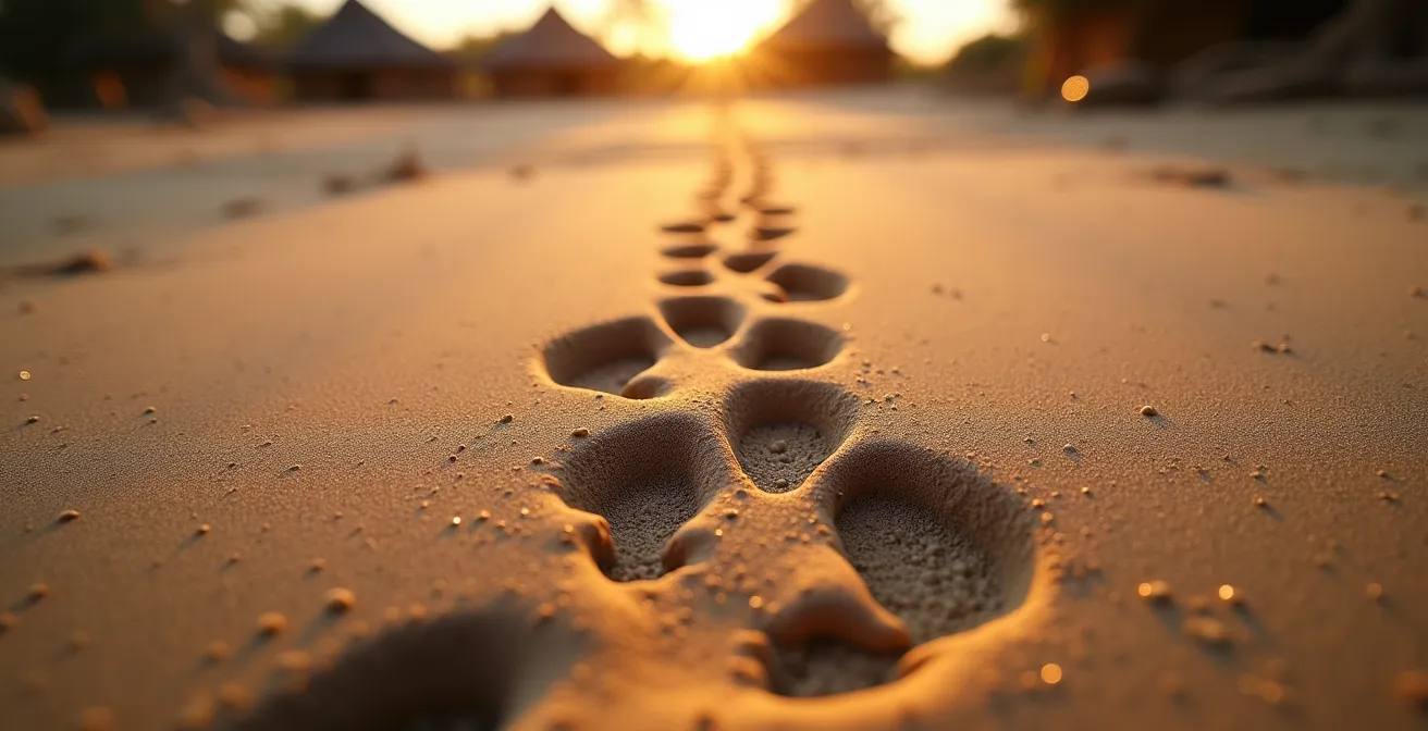 Detailaufnahme von verschiedenen Tierspuren im Sand um ein Safari-Camp bei Sonnenaufgang, die von den nächtlichen Aktivitäten zeugen.