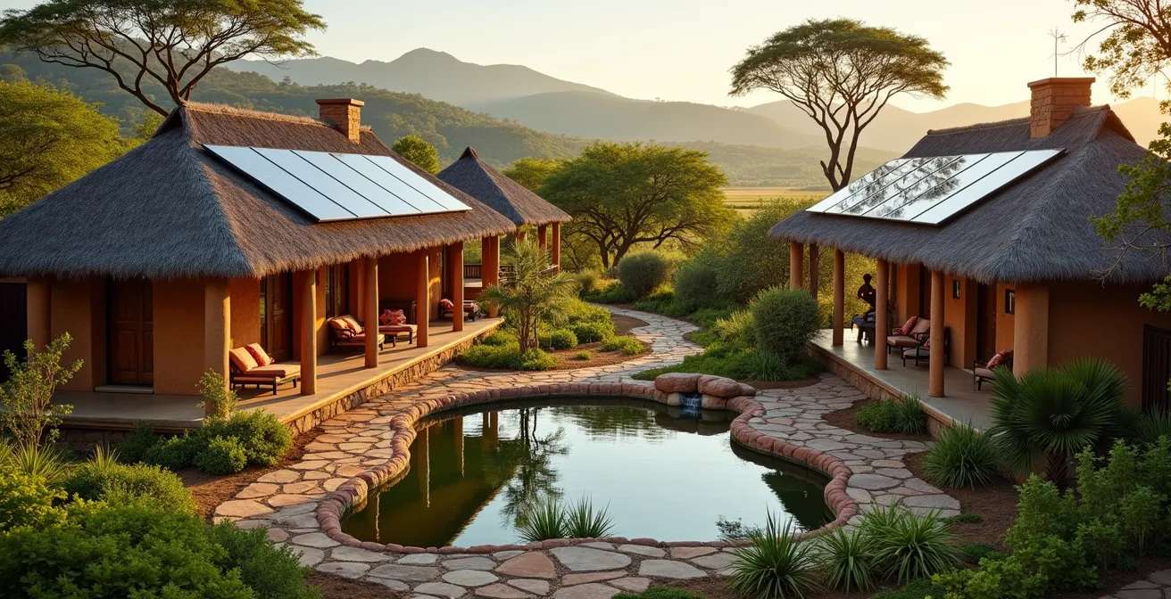 Nachhaltige Safari-Lodge mit Solarpanels inmitten der afrikanischen Landschaft