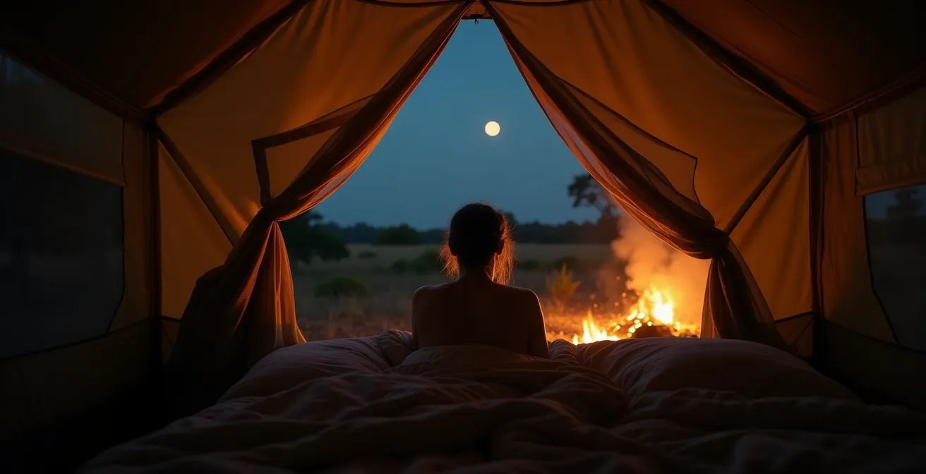 Offenes Safari-Zelt bei Nacht, durch dessen Öffnung man eine Person sieht, die den Geräuschen der Wildnis lauscht.