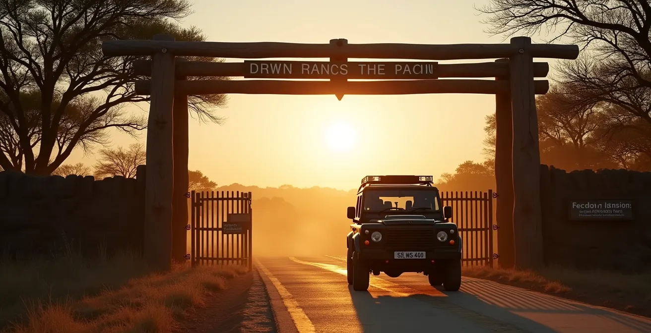 Ein offenes Eingangstor zu einem Nationalpark mit einer Ranger-Station an der Seite, ein Fahrzeug nähert sich der Kontrollstelle