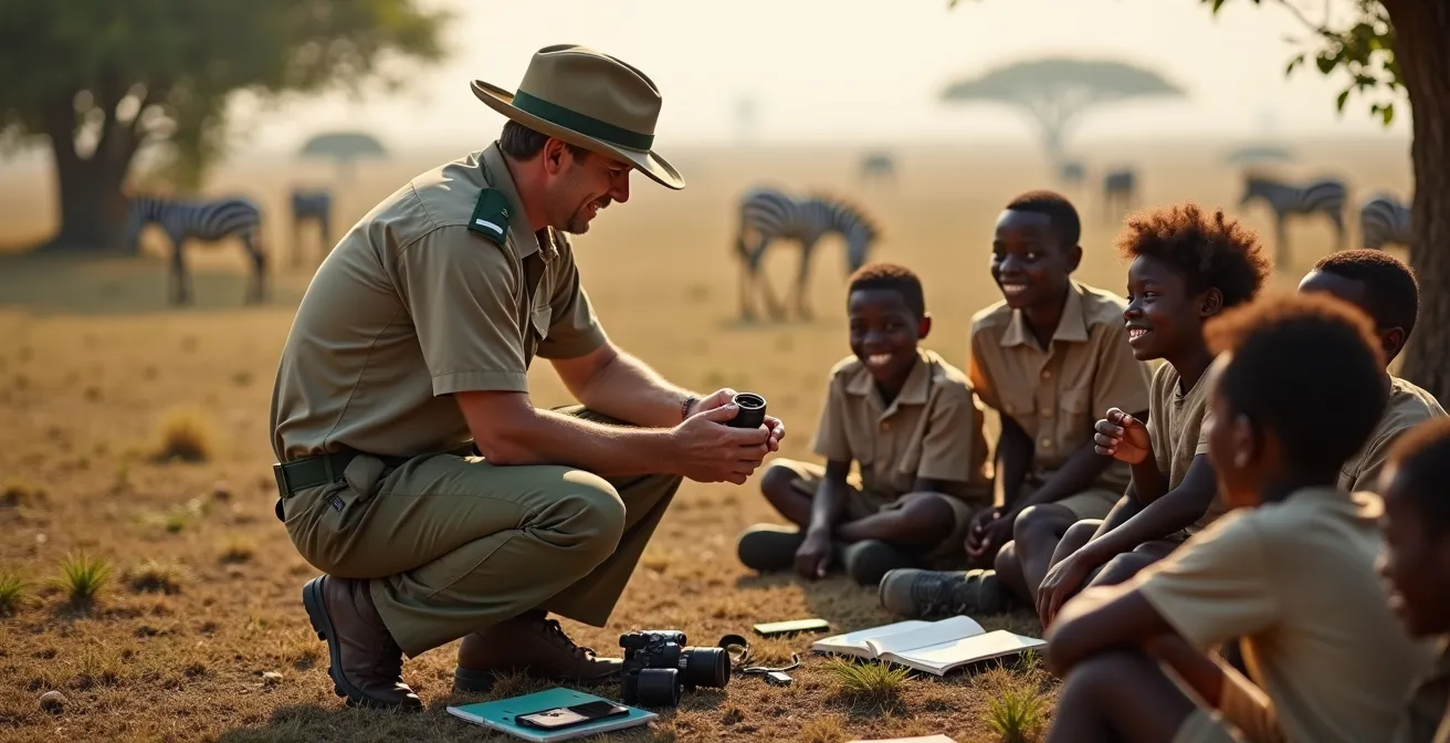 Ein Ranger zeigt Kindern Technologie zum Schutz von Wildtieren in der afrikanischen Savanne