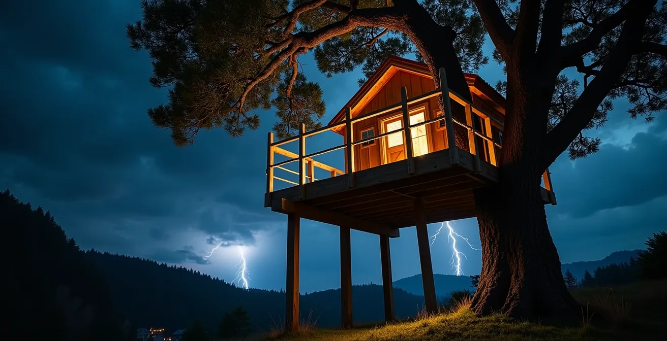 Stabile Baumhaus-Konstruktion mit Sicherheitsmerkmalen in afrikanischer Wildnis