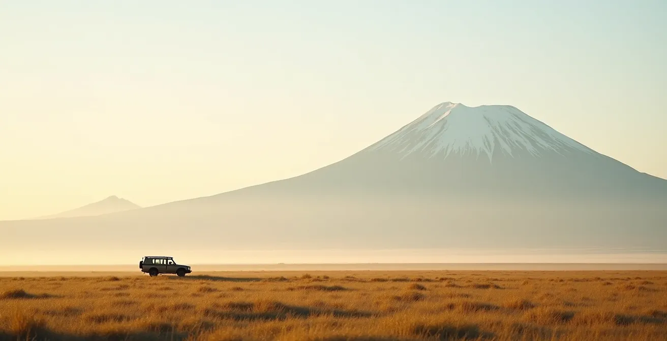 Weite Landschaft, die den Übergang von einer afrikanischen Savanne mit einem Safari-Fahrzeug zu fernen Berggipfeln zeigt.