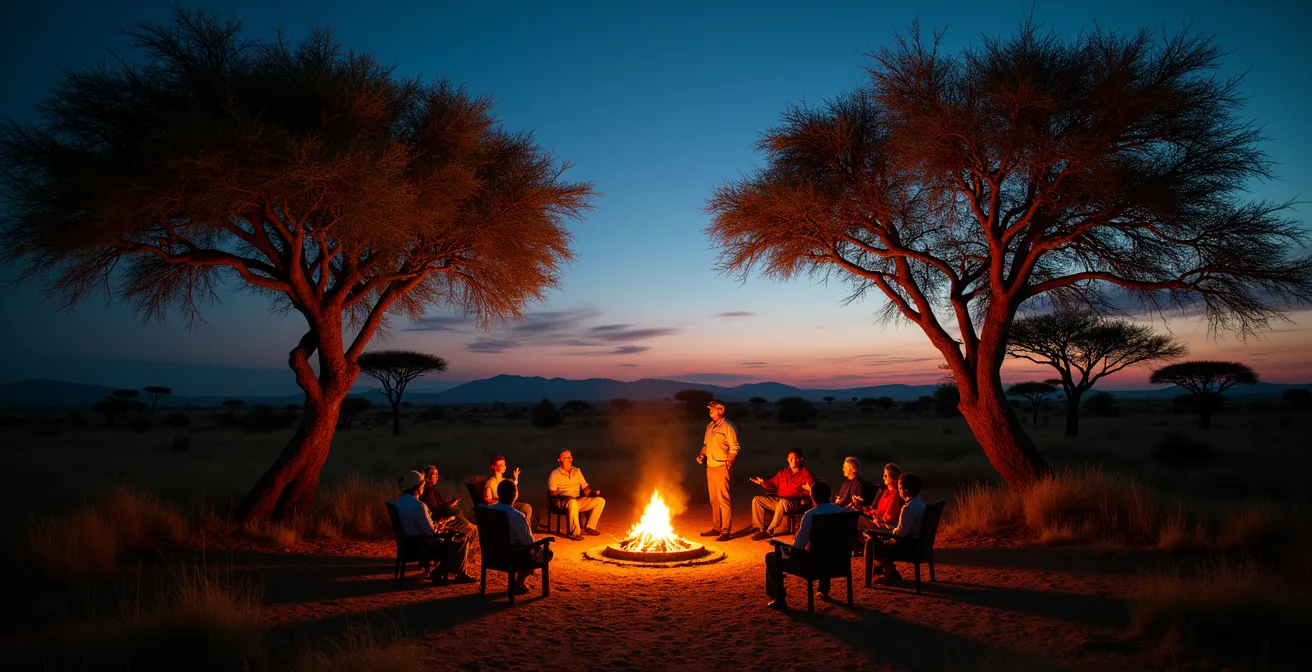 Safari-Camp in der Abenddämmerung mit Guide und Gästen am Lagerfeuer unter afrikanischem Sternenhimmel