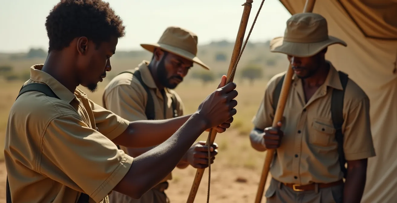 Aufbau eines mobilen Safari-Camps durch erfahrene Crew in der afrikanischen Wildnis