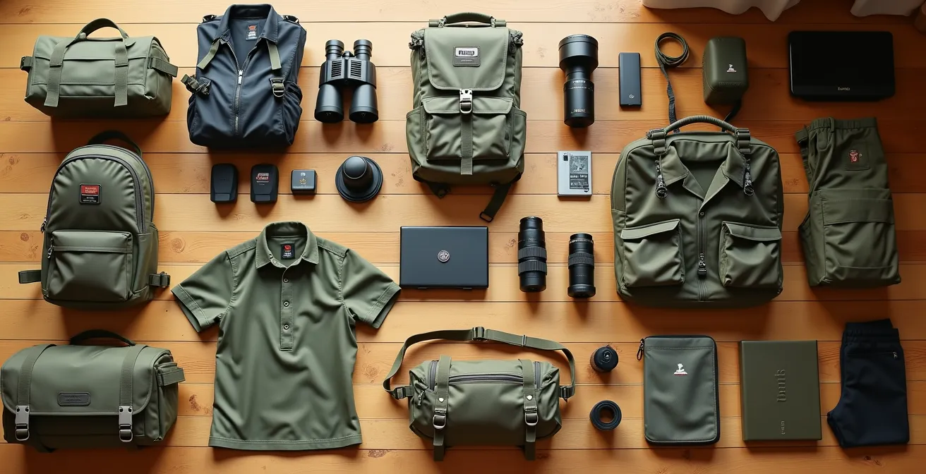 Übersichtlich angeordnete Safari-Ausrüstung in acht Kategorien auf einem Holzboden