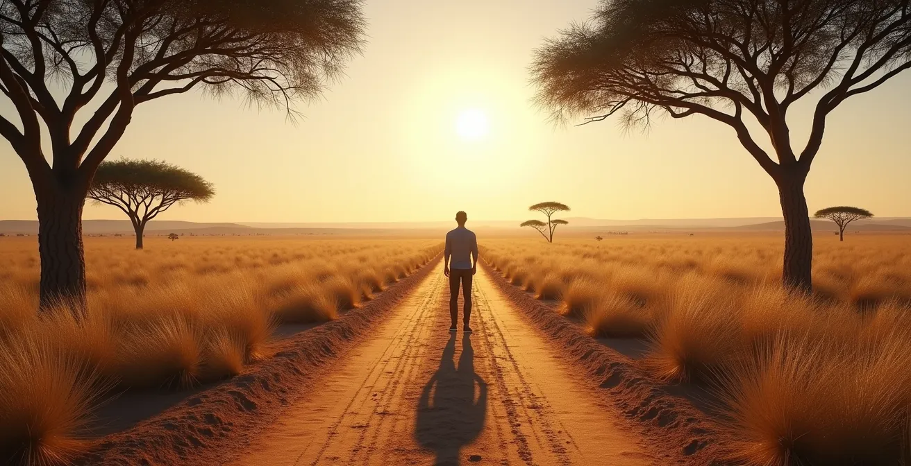 Person am Scheideweg zwischen verschiedenen Safari-Pfaden in Afrika