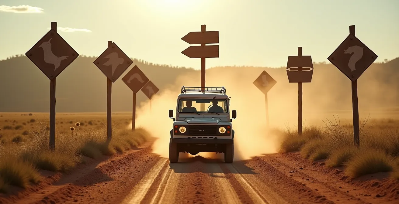 Safarifahrzeug an Kreuzung mit vielen Wegoptionen symbolisiert Routenentscheidungen
