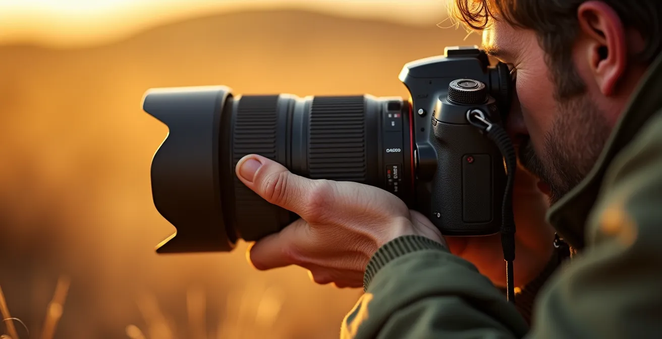 Nahaufnahme der Hände eines Fotografen, die ein staubiges Teleobjektiv in einem Safari-Jeep halten.