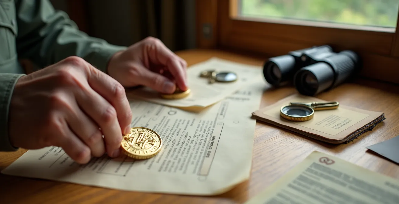 Nahaufnahme von Händen, die offizielle Safari-Guide-Zertifikate und Qualifikationsdokumente halten