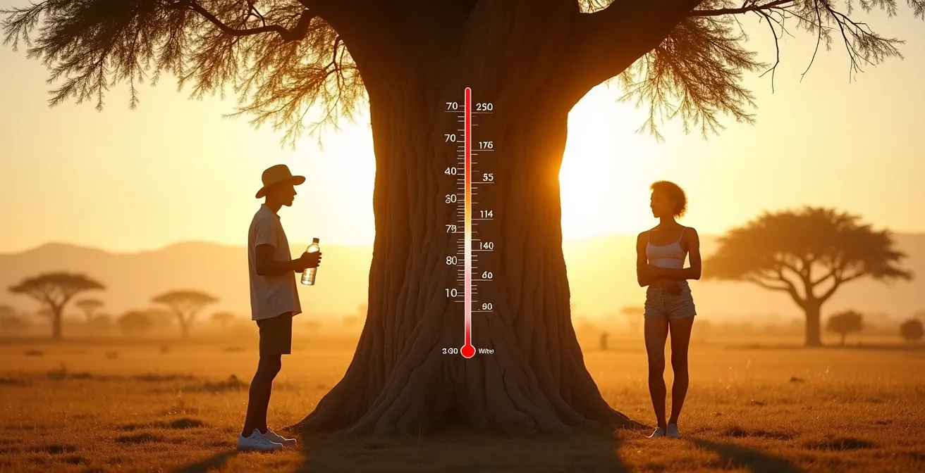 Visualisierung des Akklimatisierungsprozesses bei extremer Hitze mit einer Person in der afrikanischen Savanne, die sich von morgendlicher Kühle an die Mittagshitze anpasst.