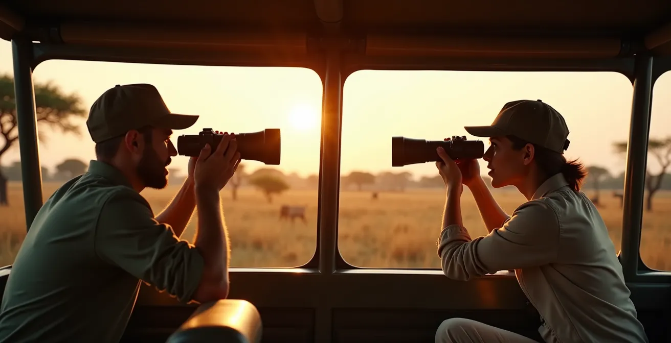 Safari-Fahrzeug mit aufgeklapptem Dach und Fotografen bei Tierbeobachtung in der Savanne.