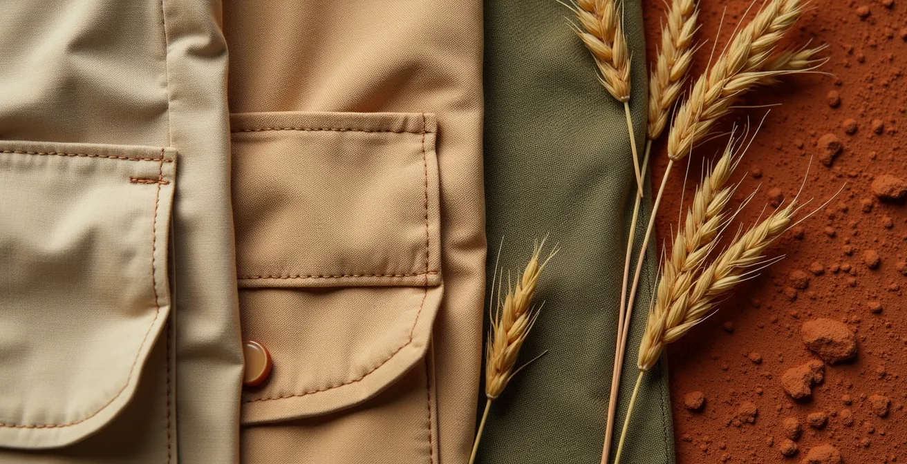 Makroaufnahme von Safari-Kleidung in neutralen Erdtönen neben der afrikanischen Vegetation